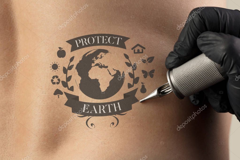 Hand tattooing recycle for a better environment concept on naked clear skin