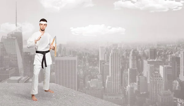 Karate man doing karate tricks  on the top of a metropolitan city