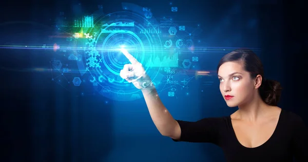 Woman touching hologram screen — Stock Photo, Image