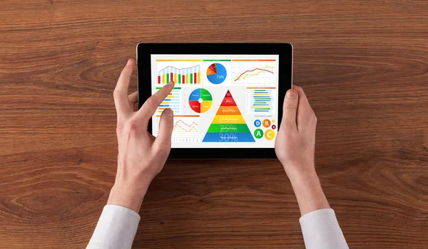 Hand with tablet analysing the daily food report — Stock Photo, Image