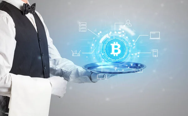 Waiter serving cryptocurrency concept — Stock Photo, Image