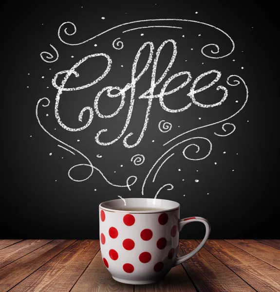 Steaming cup of coffee with white doodles — Stock Photo, Image