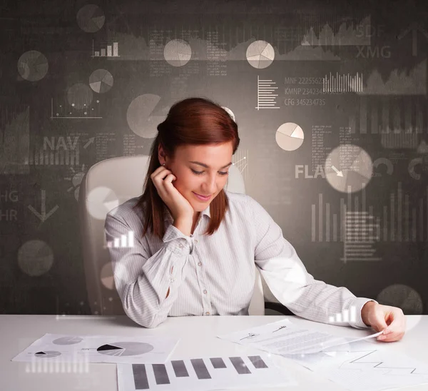 Manager at the office making reports and statistics with blackboard background — Stock Photo, Image
