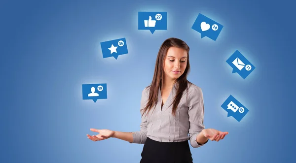 Person juggle with social media symbols