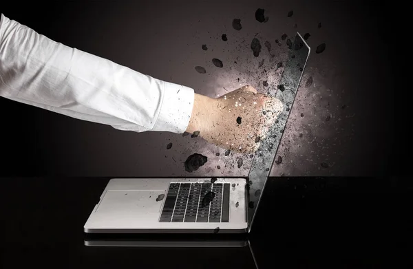 Hand breaks laptop glasses — Stock Photo, Image