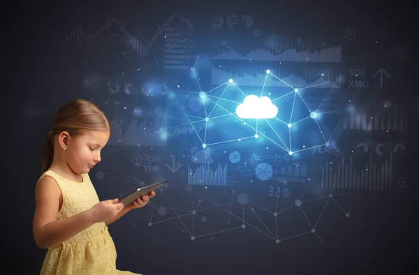 Girl holding tablet with cloud technology concept — Stock Photo, Image