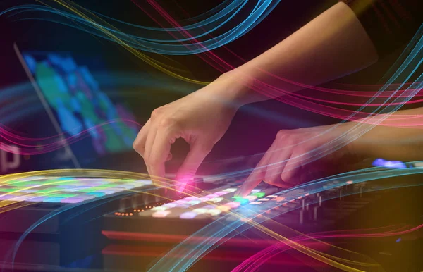 Mixing music on midi controller with colorful vibe concept — Stock Photo, Image