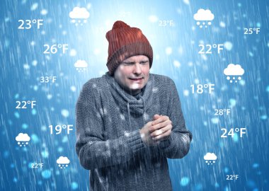 Hava durumu konsepti ile sıcak giysiler içinde buz gibi çocuk