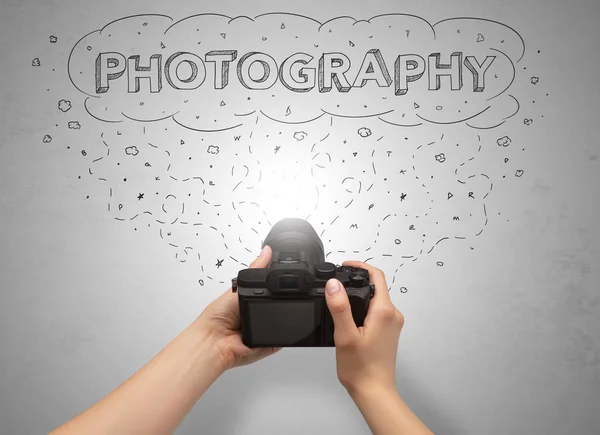 Hand photo shooting with message cloud concept — Stock Photo, Image