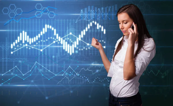 Person talking on the phone with diagrams on the background — Stock Photo, Image