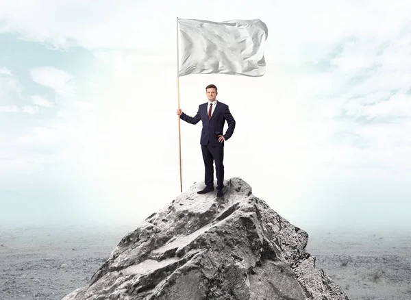 Businessman on the top of a the mountain holding flag — Stock Photo, Image