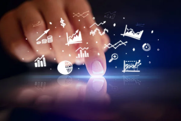 Ujj érintése tabletta fenti diagramok és jelentések — Stock Fotó