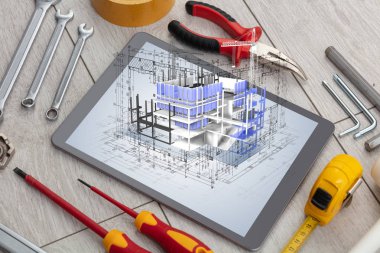 Tablet ve araçları 3d ev planı kavramı ile