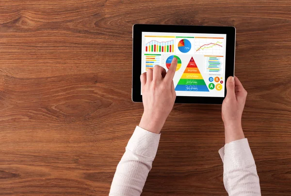 Hand with tablet analysing the daily food report — Stock Photo, Image