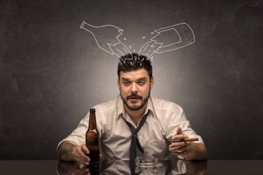 Drunk man with doodle alcohol bottles concept clipart
