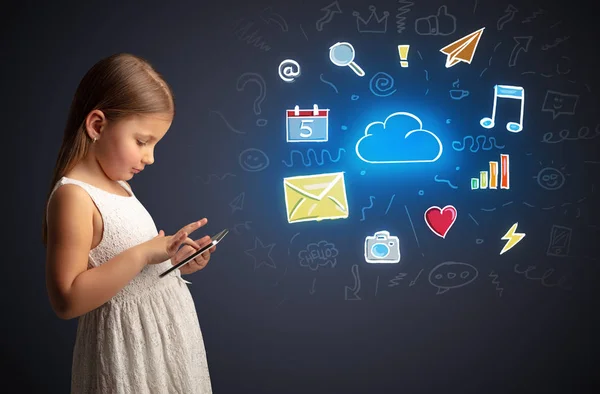 Girl holding tablet with applications concept — Stock Photo, Image