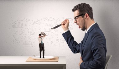 Büyük işadamı doodled grafikler konsepti ile bir yemek küçük yaş