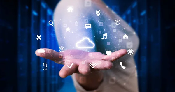 Person holding cloud system hologram screen — Stock Photo, Image