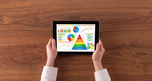 Hand mit Tablet zur Analyse des täglichen Ernährungsberichts — Stockfoto