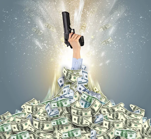 Hand bursting from a money heap — Stock Photo, Image