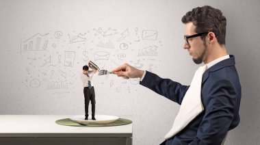 Büyük işadamı doodled grafikler konsepti ile bir yemek küçük yaş