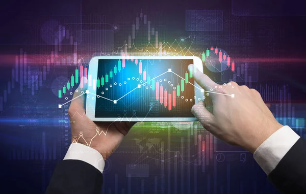 Hand holding tablet with global reports and stock market change concept — Stock Photo, Image