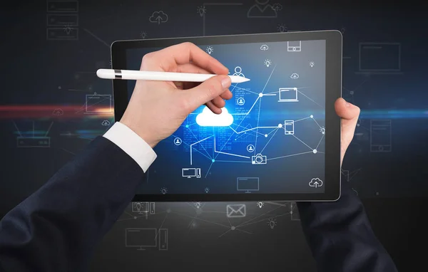 First person view of tablet with cloud office concept — Stock Photo, Image