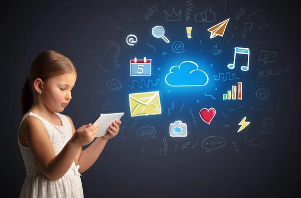 Girl holding tablet with applications concept — Stock Photo, Image