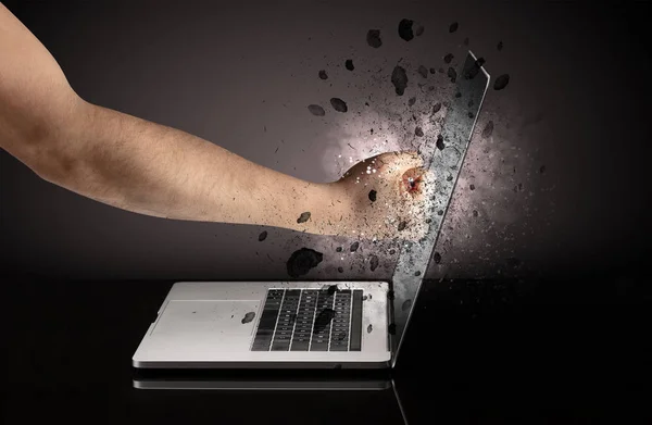 Hand breaks laptop glasses — Stock Photo, Image