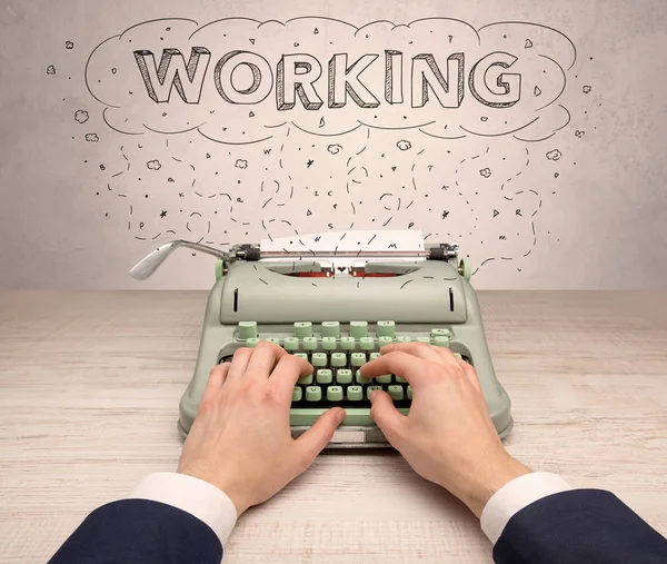 First person perspective hand and typewriter with cloud message concept — Stock Photo, Image