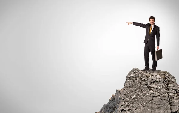 Persona d'affari sulla cima della roccia con spazio di copia — Foto Stock