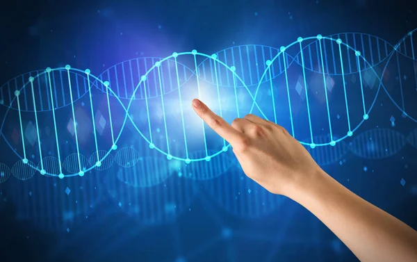 Hand aanraken van de Dna-molecule — Stockfoto