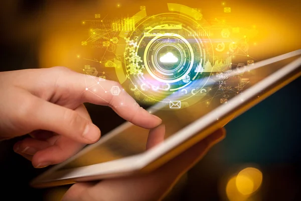 Hand holding tablet with cloud system concept — Stock Photo, Image