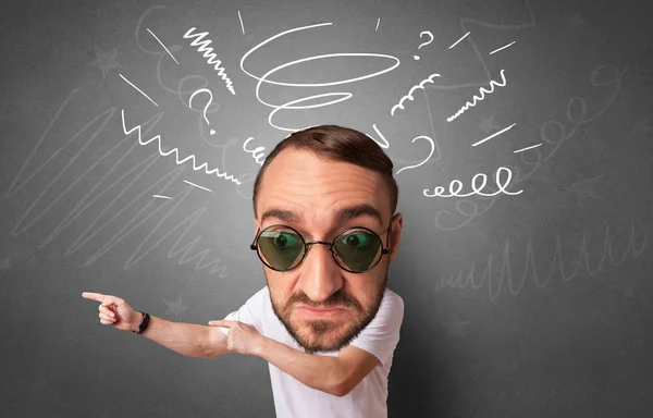 Big head on small body with blackboard and white chalk drawn on the background — Stock Photo, Image