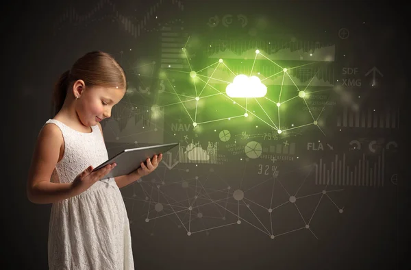 Girl holding tablet with cloud technology concept — Stock Photo, Image