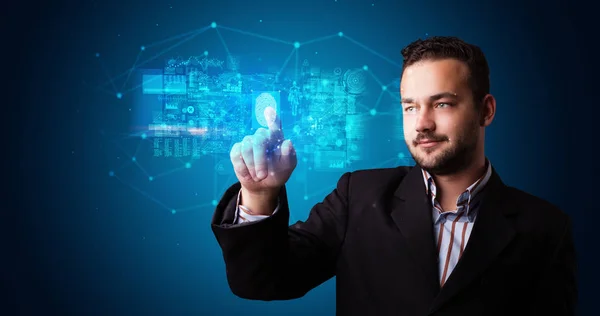 Hombre accediendo al holograma con huella dactilar — Foto de Stock