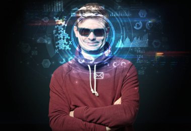 Koyu arka plan, yüz tanıma kavramı üzerinde genç adam