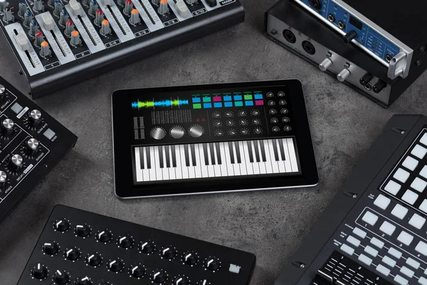 タブレットと楽器のコンセプトにピアノのアプリ — ストック写真