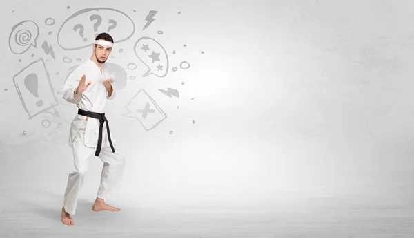 Karate tränare kämpar med doodled symboler koncept — Stockfoto