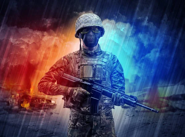 Armed soldier standing in the middle of dust storm — Stock Photo, Image