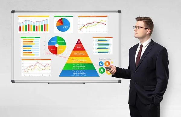 Бизнесмен представляет отчеты о состоянии здоровья на белой доске с лазерной указкой — стоковое фото