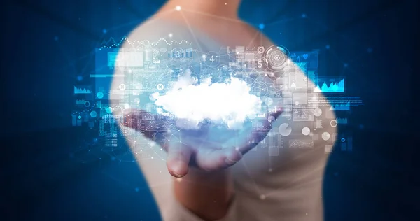 Holding cloud system hologram screen — Stock Photo, Image