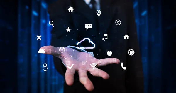 Person holding cloud system hologram screen — Stock Photo, Image