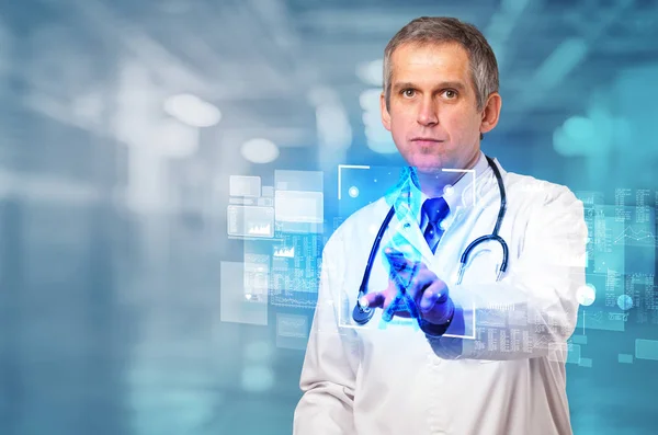 Doctor touching screen with biology and genetic concept — Stock Photo, Image