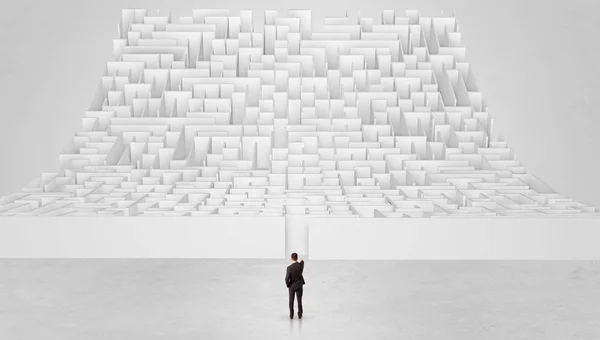 Pequeño hombre de pie frente a un laberinto infinito — Foto de Stock