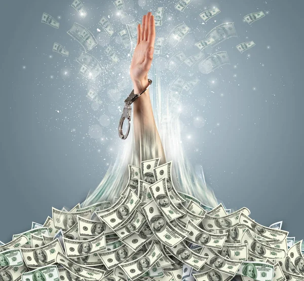 Hand bursting out from a money heap — Stock Photo, Image