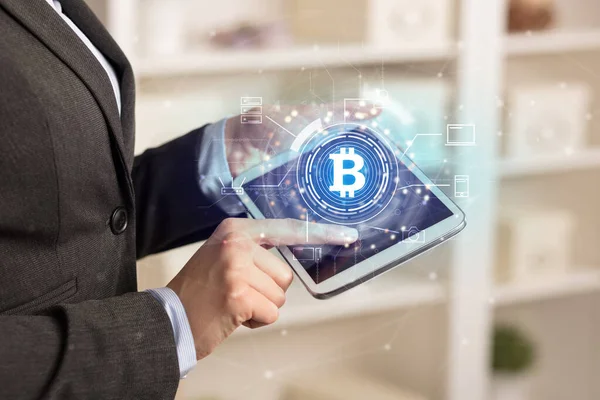 Business woman using tablet in home office mood with bitcoin link network concept — Stock Photo, Image