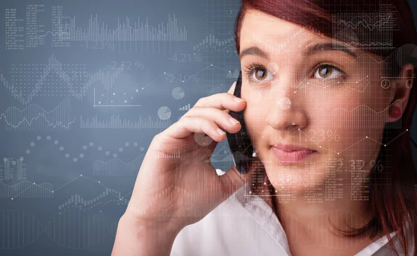 Person talking on the phone with chart and report in the foreground — Stock Photo, Image