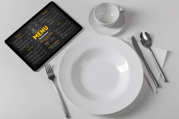 Tableware with online menu on tablet — Stock Photo, Image