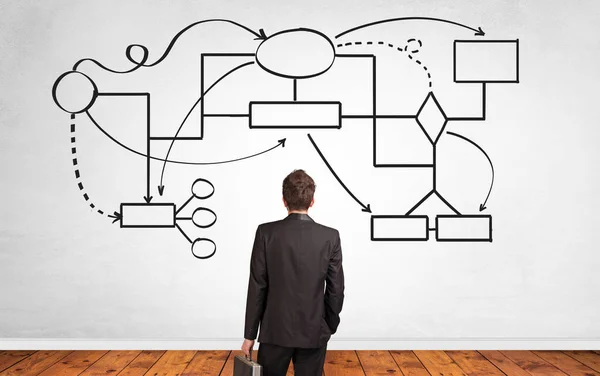 Podnikatel v pochybnost hledá koncepci řešení s organizační diagram — Stock fotografie